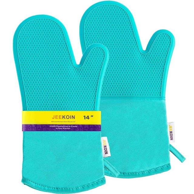 JEEKOIN Silicone Oven Mitts Heat Resistant 581 Degree, Oven Mitt Gloves for Baking Cooking BBQ, Flexible Kitchen Mittens Waterproof BPA-Free Potholders, 14 Inch, Aqua Turquoise Pair