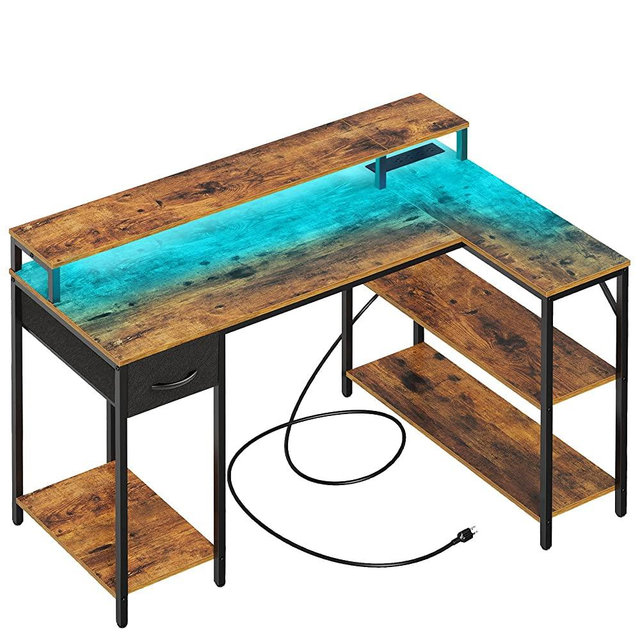 SUPERJARE L Shaped Computer Desk with Power Outlets & LED Strips, Small Corner Desk with Monitor Stand & Storage Shelf, Home Office Desk Gaming Desk, Rustic Brown