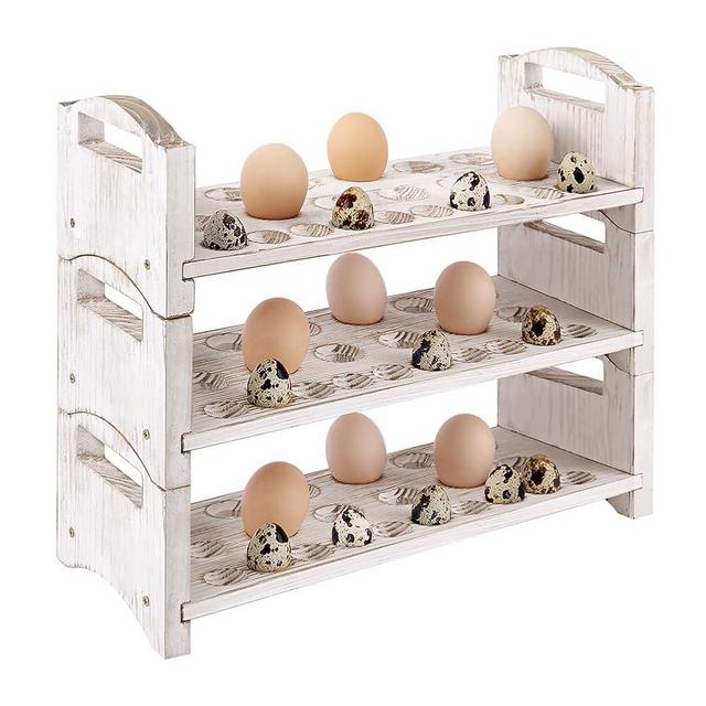 Wooden Egg Holder 3 Layer Fresh Egg Rack Holders Countertop Stackable Quail Egg Sorter Storage Trays Organizer Display Stand Kitchen Rack, Fits Duck, Turkey, Chicken Eggs,up to 36 Eggs, 3 Tier-White