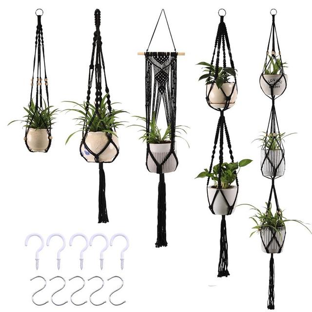 MKO SHUN 5 Pack Macrame Plant Hanger Set with Hooks - Handmade Cotton Rope Hanging Planters for Indoor and Outdoor Boho Home Decor-Black