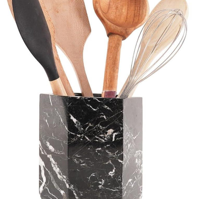 Radicaln Marble Utensil Holder 6.5'' Inches Black Spatula Set for Kitchen Counter, Ideal Cooking Utensils Jar & Kitchen Essentials Organizer, Ideal Utensil Caddy & Spoon Holder