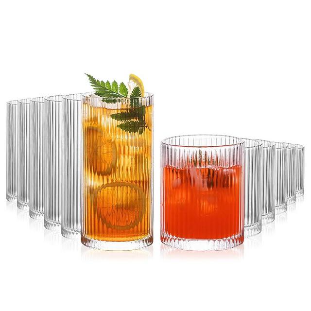 INSETLAN 12-Piece Ribbed Glassware - 6 Highball Glasses 12 oz, 6 Rocks Glass Cups 14 oz, Vintage Cocktail Drinking Glasses, Ideal for Wine, Juice, Water, Ice Coffee Cup, Whiskey, Mixed Drinkware