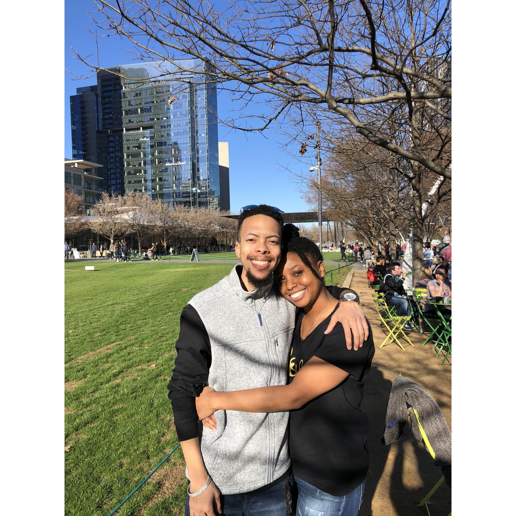 Spending time with each other at Klyde Warren Park.