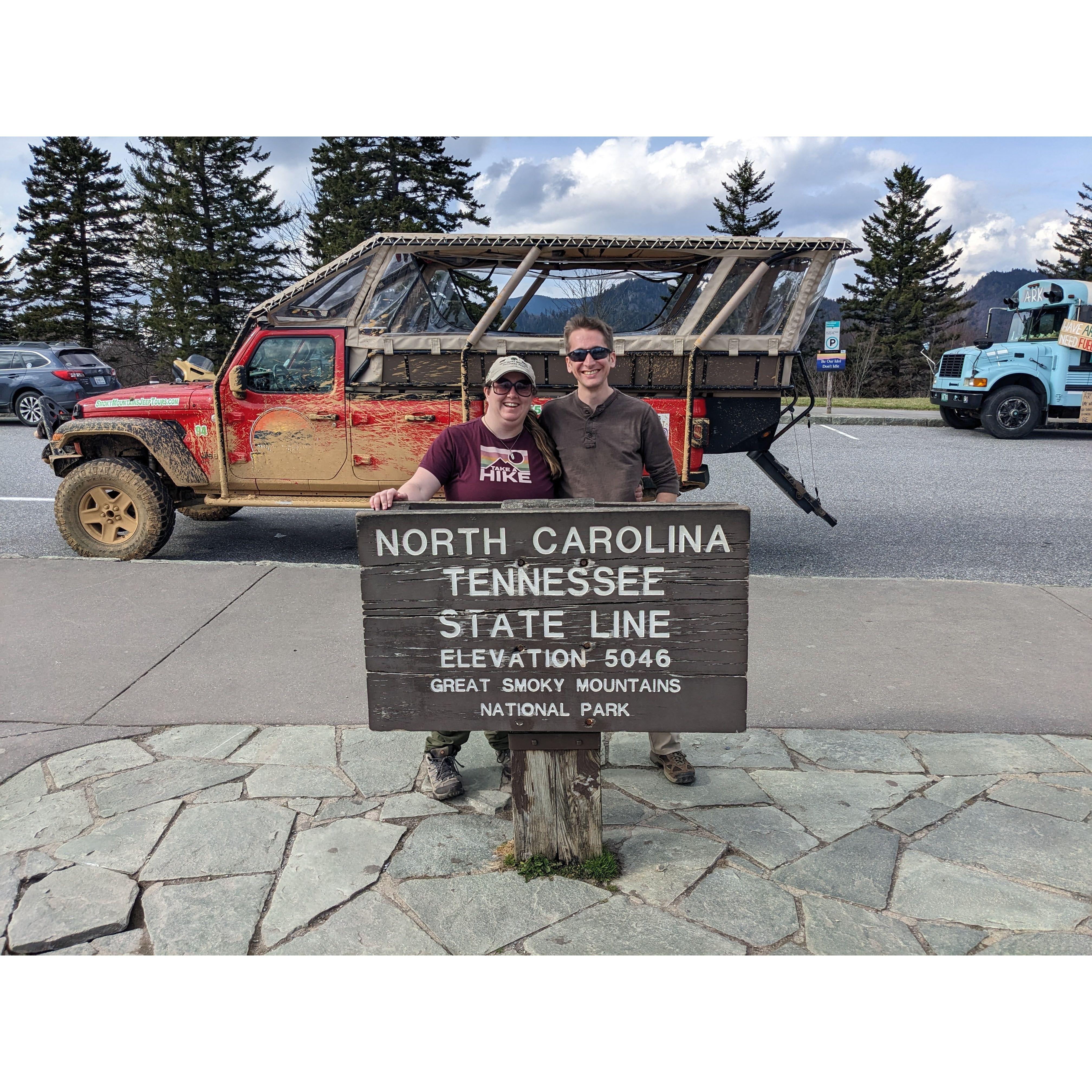 As the story goes, when FDR dedicated the Great Smokey Mountains National Park, he put one foot in North Carolina and the other in Tennessee, so while we were there, of course we had to do the same!