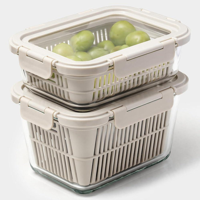GENICOOK Glass Produce Storage Containers for Fridge, 2-Pack – Airtight Fruit & Vegetable Containers with Removable Colanders, Flexible Silicone Lids,LeakProof, BPA-Free Borosilicate Glass