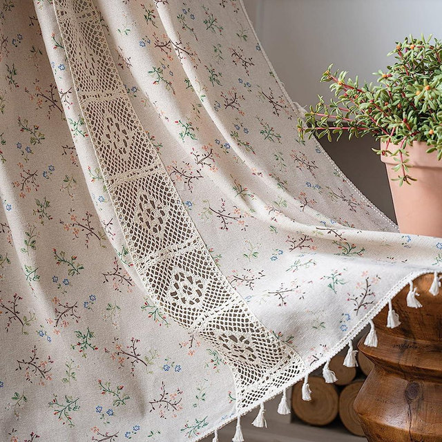 Floral Curtains 63 Inch Length 2 Panels Crochet Lace Patchwork Drapes Semi-Sheer Boho Tassel Bedroom Living Room Farmhouse Short Beige Small Country Rustic Rod Pocket Window Curtain