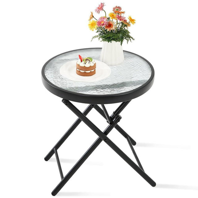 HOMEFUN Outdoor Side Tables - Folding Patio End Table with Tempered Glass Tabletop, Portable Bistro Coffee Table for Porch Yard, Balcony, Garden, Deck, Poolside, Transparent Glass
