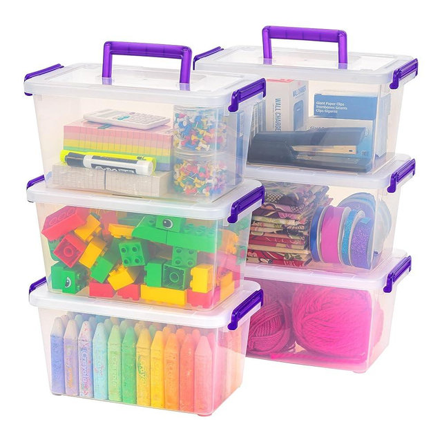 IRIS USA 6Pack 5.4qt Stackable Storage Bin with Secure Buckle-up Lid, Clear/Violet