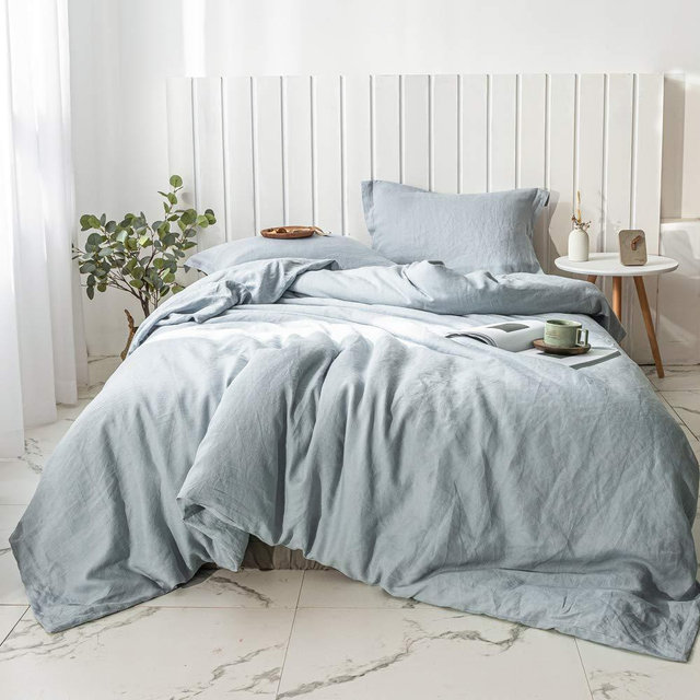 Simple&Opulence 100% Washed Linen Duvet Cover Set 3pcs Basic Style Natural French Flax Solid Color Soft Breathable Bedding with Button Closure (King, Dusty Blue)