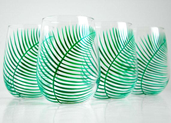 Green Ferns Stemless Wine Glasses - Set of 4 Hand Painted Fern Glasses