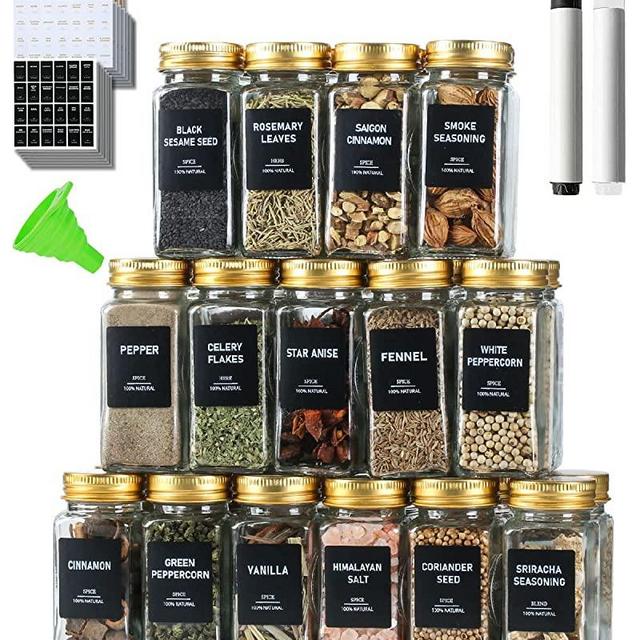 JARXSUN Glass Spice Jars with Label, 25Pcs Spice Jars with Shaker Lids-4 oz Gold Spice Seasoning Jars Bottles Containers Set for Spice Rack (25)