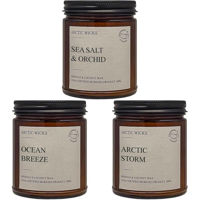 Arctic Wicks 3 Pack Spring Candle Set - Sea Salt & Orchid, Ocean Breeze & Arctic Storm | Coconut Beeswax Candles | 9oz Amber Jar | Farmhouse Candles Non-Toxic Clean Burn 100% USDA Certified Biobased