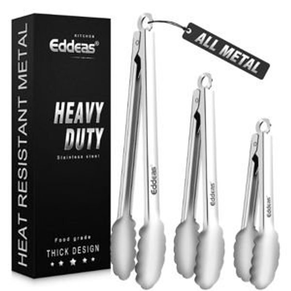 Eddeas Tongs For Cooking - All Metal Heat Resistant 600 Degrees Kitchen Tongs, Stainless Steel Locking Tongs, For Food,Salad, BBQ, Grill, Dishwasher, Set of 3-7",9" & 12 inch