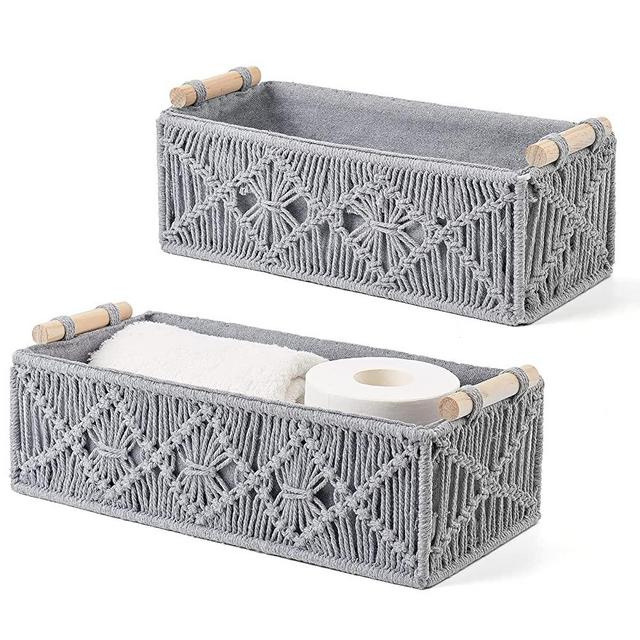 Mkono Macrame Storage Baskets Decor Box Handmade Woven Decorative Countertop Toilet Tank Shelf Cabinet Organizer Boho Decor for Bedroom Nursery Livingroom Set of 2, Grey
