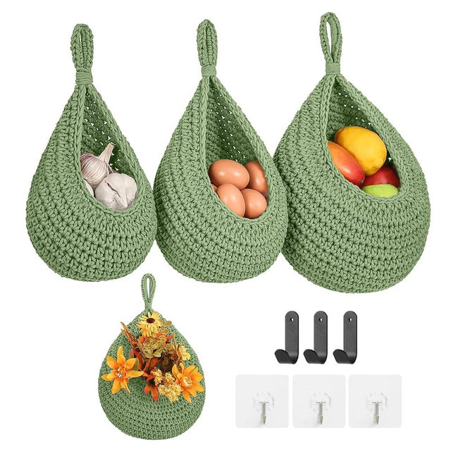 Boho Wall Hanging Fruit Baskets for Kitchen 3 Pack Woven Produce Holder with 6 Pcs Strong Hooks Vegetable Hanging Basket for Organizing Teardrop Home Wall Potato Onion Storage, Green