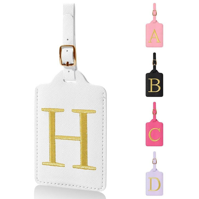 XSUIOY Personalized Initial Luggage Tags, Leather Letter Cute Luggage Tags with Privacy Name Card, Embroidered Monogrammed Travel Bag Backpack Tags Gifts for Women Kids Girls Teens (White-H)
