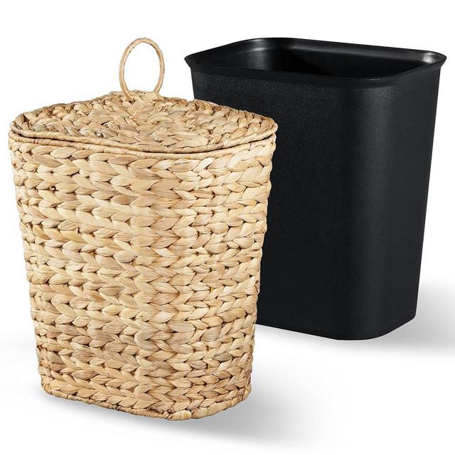 BLUEWEST 2.6 Gallon Wicker Trash Can with Lid, Handwoven Rattan Trash Can, Woven Decorative Wastebasket, Wicker Waste Basket with Removable Plastic Inner Bin for Bathroom, Bedroom, Office, or Kitchen