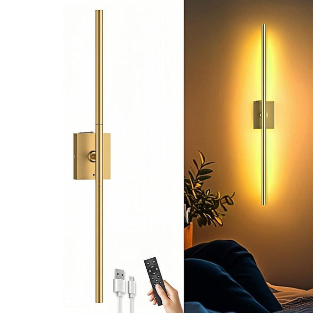 1 Pack Battery Operated Wall Sconce, Wireless Battery Wall Sconce with Remote Control, Gold LED Rechargeable Sconces, 31.5 Inch Modern Cordless Wall Lights for Bedroom Living Room Picture
