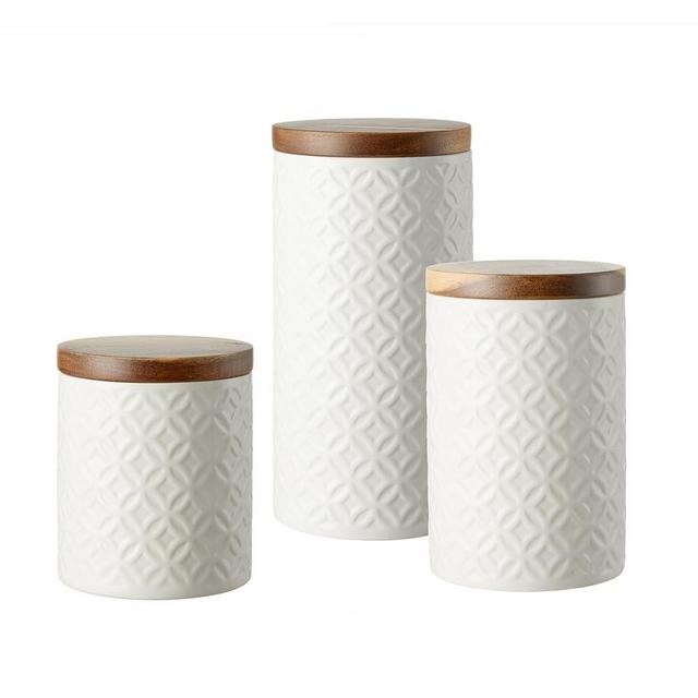 Embossed Ceramic Canister Set 3-piece Storage Jars Food Containers with Airtight Acacia Wood Lids for Kitchen Countertop or Home Deco