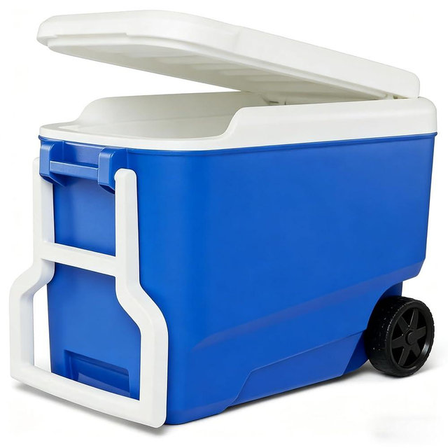 Blue 38QT Hard Sided Cooler with Wheels and Handle, Camping Ice Chest with Wheels, Portable Cooler, Ideal for Beach Trips, Picnics or Fishing.