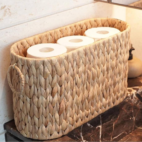 PINXIURY Water HyacinthToilet Paper Storage Basket, Bathroom Toilet Organizer with Strap Handle, Woven Toilet Paper Holder for 6 Mega Rolls, Bathroom Storage, Magazine Holder for Office, Bedroom