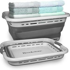 BROOKSTONE 11 GALLON XL 24" Collapsible Laundry Basket & Clothes Hamper, Comfort Non-Slip Handles, Modern Laundry Hamper with Space Saving Design, Portable Pop-Up Hamper, BPA FREE, Light Grey, 1 Pack