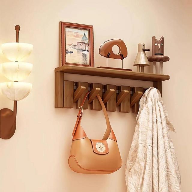 Tlongxia Tray Walnut Paint-6 Hooks Wall Mounted Coat RackHooks Piano Key Hangers Natural Solid Wood Hanger Non-Woven Fabric Clothes Hangers for Closet, Kitchen, Bedroom, Bathroom, Entryway