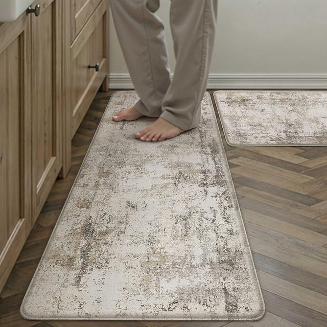 WondRg Kitchen Mats for Floor Set of 2 Anti Fatigue Waterproof Kitchen Rug Brown Grey Abstract Cushioned Non-Slip Kitchen Mats Comfort Standing Neutral Mat for Sink Laundry Office 17.3"×47"+17.3"×30"