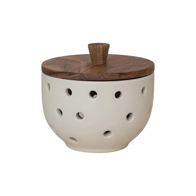 Creative Co-Op Stoneware Garlic & Onion Keeper with Mango Wood Lid, Cream & Natural