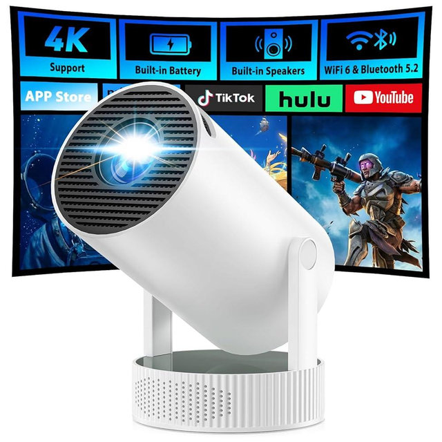 Mini Projector, Projector with Wifi and Bluetooth Built-in Battery 4K Portable Projector for Outdoor Bedroom, Smart Projectors 1080P Compatible with iphone/TV Stick/HDMI/Laptop