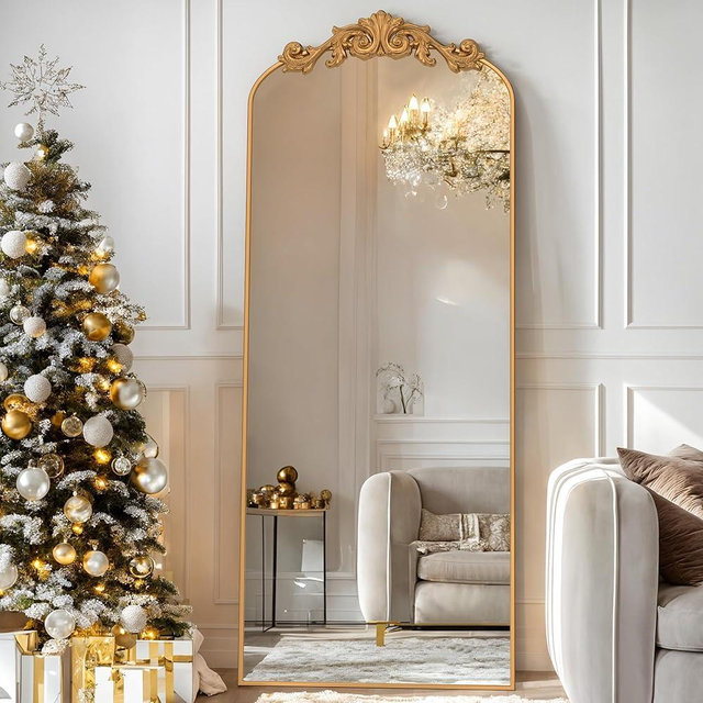 Arched Full Length Mirror, 58"x18" Floor Mirror Freestanding with Carved Metal Frame & Bottom Art Carved, Full Body Mirror for HomeDecor, Standing/Halling Large Wall Mirror for Bedroom, Gold