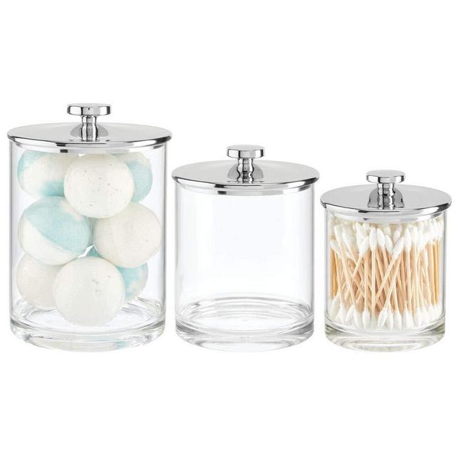 mDesign Plastic Round Bathroom Vanity Countertop Storage Organizer Apothecary Canister Jar for Cotton Swabs, Rounds, Balls, Makeup Sponges, Bath Salts, Set of 3, Small/Medium/Large - Clear/Chrome