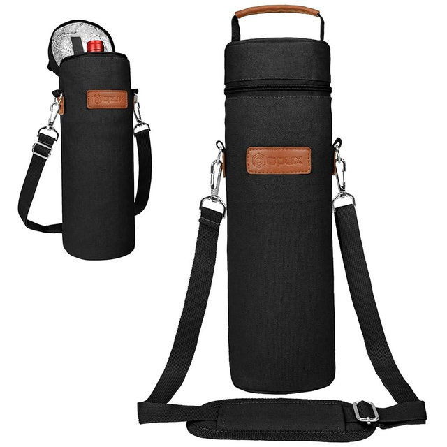 opux Wine Bag Single Bottle Carrier Tote, Insulated Wine Cooler Bag for Travel Picnic Beach with Shoulder Strap, Thermal One Bottle Holder Carrying Case Wine Gift for Women Men, Black