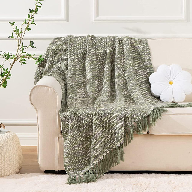 BATTILO HOME Green Throw Blanket with Fringe Spring Outdoor Throw Blankets Bed Green Throws Decorative Large Throw for Couch Sofa Indoor Outdoor (Green, 50" x 60")