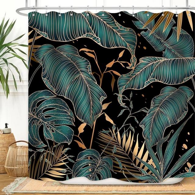 ZXMBF Green Gold Tropical Palm Leaves Shower Curtain Abstract Banana Leaf Modern Botanical Plant Nature Aesthetic Emerald Green Bathroom Decor Waterproof Fabric 72Lx72W Inch with Hooks