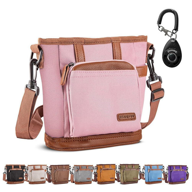 BEAU&FUR Large Dog Treat Pouch with Clicker for Training – 4 Cup Capacity, Built-in Poop Bag Dispenser, Expandable Pocket, Metal Buckle, Large Back Pocket, Ideal Design for Walks and Training – Pink