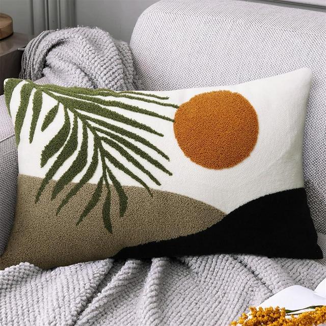 Adabana Boho Decorative Throw Pillow Covers Soft Embroidery Accent Lumbar Pillows Cover for Bed Couch 12 x 20 Inches, Green and Black