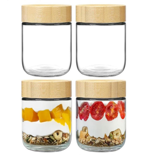 Kgtee 4 Pack Overnight Oats Containers with Bamboo Lids, 16 oz Wide Mouth Glass Mason Jars, Airtight Jars Oatmeal Cups for chia Pudding Yogurt Salad Cereal, Glass Meal Prep Containers with Lids