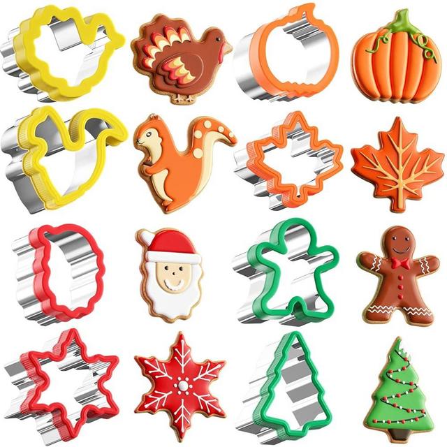 Fall Thanksgiving Cookie cutters Set 8 Pieces, Holiday Christmas Cookie Cutters Pumpkin Leaf Baking Cutters Shapes for Kids with Comfort Grip, Gingerbread Man, Turkey, Squirrel, Xmas Tree, Santa, etc