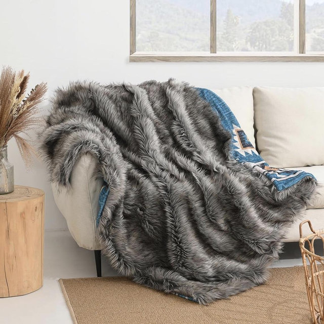 Luxury Plush Faux Fur Throw Blanket with Aztec Pattern, Super Warm, Fuzzy, Elegant, Fluffy Decoration Blanket for Couch, Armchair, Sofa and Bed, 60''x 80'', Teal