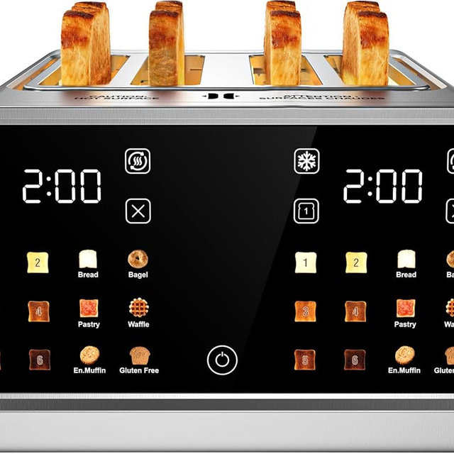 4 Slice Toaster with Dual Touchscreen, 1800W Stainless Steel Dual Zone Independent Control Extra Wide Slot 1.5 Inch, Smart BreadID Timer for Bagel Waffle, Kitchen Essentials