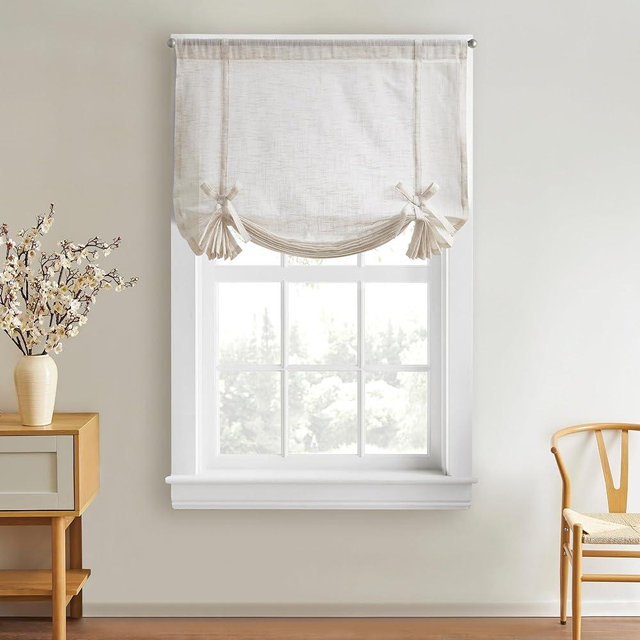 DKNY Balloon Shade Tie Up Curtain - Linen Beige 42" x 63" Light-Filtering Rod Pocket Window Panel with Fabric Tie Bows - 1 Piece