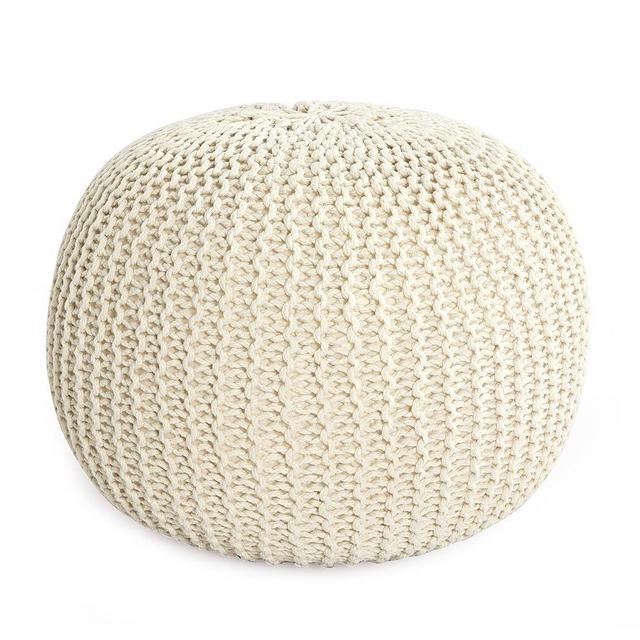 HOMBYS Unstuffed Ottoman Pouf Cover, 100% Cotton Handmade Knitted Ottoman Pouf Cover Round Foot Stool, Floor Bean Bag Chair, Foot Rest with Storage for Living Room Bedroom, Beige(Cover ONLY NO Filler)