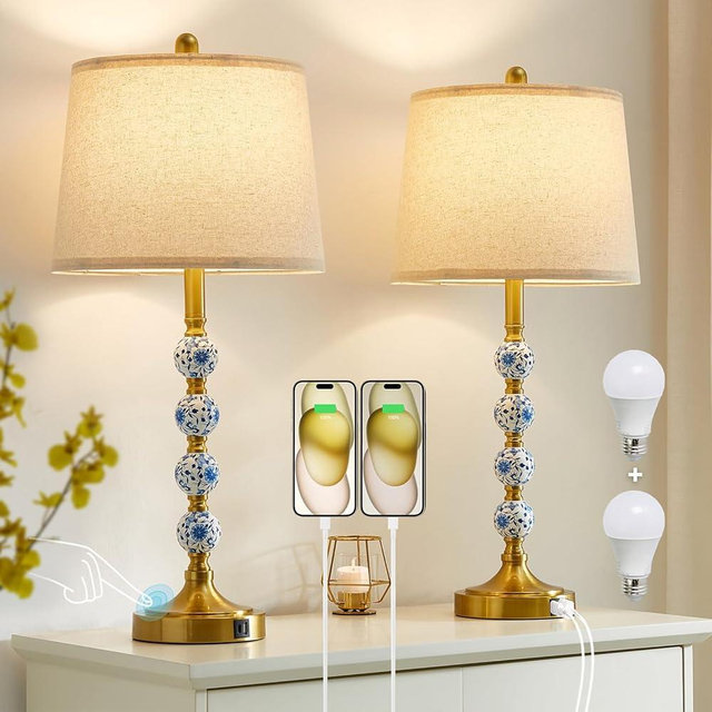 YAMEIWAN 28.7" Vintage Ceramic Table Lamp, Blue and White Chinoiserie Lamp with White Shade, Bedside Lamps with Fast Charger 20W PD QC 3.0 USB C+A, 3 Way Dimmable Touch Lamps for Living Room, Bedroom