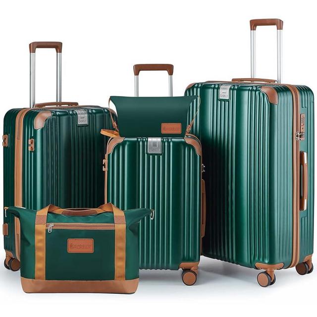 CASELLY Luggage Set 3 Piece Luggage with PC+ABS Hardshell TSA Lock Spinner Wheels Carry on Lightweight Suitcase,Cup Holder,YKK Zippers (Dark Green, 5 piece sets(20/24/28/DB/TB))