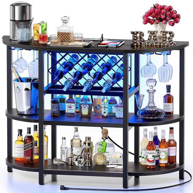 Zarler Bar Table Cabinet with Power Outlet, LED Home Mini Bar for Liquor, Metal Wine Bar Stand with 4-Tier Storage, Easy to Assemble, Black