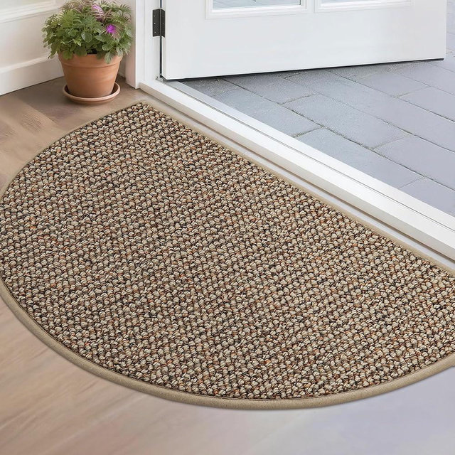 BEQHAUSE Dirt Trapper Door Mat 17" x 30" Half Circle Non Slip Washable Doormats Entrance Rugs Absorbent Welcome Low Profile Floor Mats for Front Back Door and Entryway, Taupe