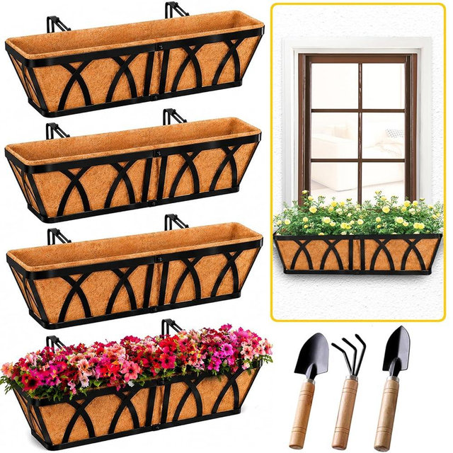 HKZ Deck Balcony Railing Planter Window Boxes - 4 Pack 24 Inch Planter Box, Balcony Planters Railing Hanging, Window Boxes Outdoor Fence Planters