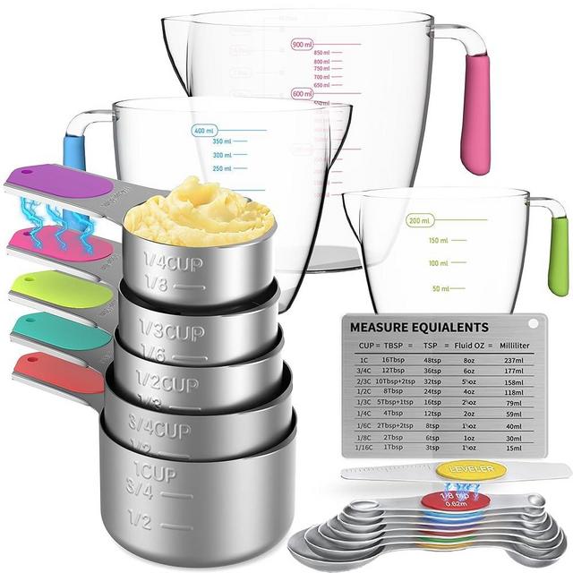 Minteem Magnetic Measuring Cups and Spoons Set, 5 Stainless Steel Measuring Cups for Dry and Liquid Ingredients, 7 Magnetic Measuring Spoons, 3 Plastic Measuring Cup with 1 Measuring Conversion Chart