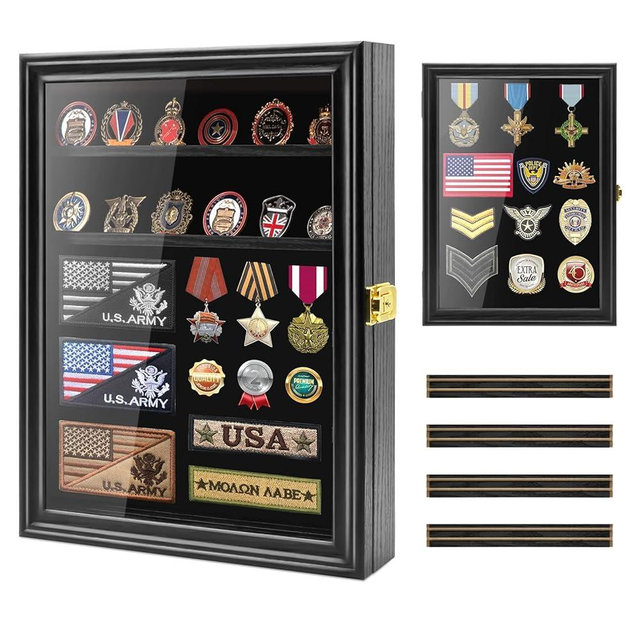 PiaoHao Challenge Coin Display Case, Lockable Military Coin Holder Shadow Box with Removable Shelves, Wall Mounted Medal & Pin Cabinet with UV Protection Acrylic Door(Black)